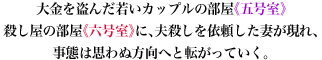 大金を盗んだ若いカップルの部屋≪五号室≫殺し屋の部屋≪六号室≫に、夫殺しを依頼した妻が現れ、事態は思わぬ方向へ転がっていく。