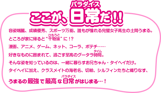 ここが、日常(パラダイス)だ！！容姿端麗、成績優秀、スポーツ万能、誰もが憧れる完璧女子高生の土間うまる。ところが家に帰ると“干物妹(ひもうと)”に！？漫画、アニメ、ゲーム、ネット、コーラ、ポテチ……好きなものに囲まれて、過ごす至高のグータラ時間(タイム)。そんな姿を知っているのは、一緒に暮らすお兄ちゃん・タイヘイだけ。タイヘイに加え、クラスメイトの海老名、切絵、シルフィンたちと織りなす、うまるの最強で最高な日常(パラダイス)がはじまる…！