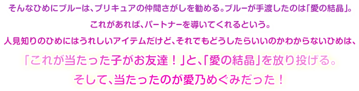 そんなひめにブルーは、プリキュアの仲間さがしを勧める。ブルーが手渡したのは「愛の結晶」。これがあれば、パートナーを導いてくれるという。人見知りのひめにはうれしいアイテムだけど、それでもどうしたらいいのかわからないひめは、「これが当たった子がお友達！」と、「愛の結晶」を放り投げる。そして、当たったのが愛乃めぐみだった！