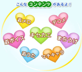 こんなコンテンツがあるよ！『着メロ』『デコメ』『着ボイス』『キセカエ』『まちうけ』
『着うた』『マチキャラ』