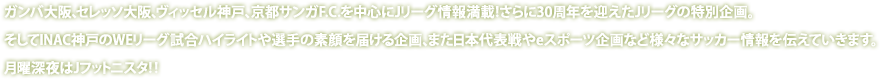 ガンバ大阪、セレッソ大阪、ヴィッセル神戸、京都サンガF.C.を中心にJリーグ情報満載!さらに30周年を迎えたJリーグの特別企画。そしてINAC神戸のWEリーグ試合ハイライトや選手の素顔を届ける企画、また日本代表戦やeスポーツ企画など様々なサッカー情報を伝えていきます。月曜深夜はJフットニスタ‼