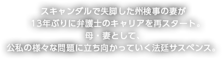 スキャンダルで失脚した州検事の妻が13年ぶりに弁護士のキャリアを再スタート。母・妻として、公私の様々な問題に立ち向かっていく法廷サスペンス。