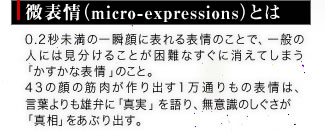 【微表情（micro-expressions）】0.2秒未満の一瞬顔に表れる表情のことで、一般の人には見分けることが困難なすぐに消えてしまう「かすかな表情」のこと。43の顔の筋肉が作り出す1万通りもの表情は、言葉よりも雄弁に「真実」を語り、無意識のしぐさが「真相」をあぶり出す。