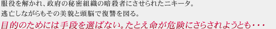 服役を解かれ、政府の秘密組織の暗殺者にさせられたニキータ。逃亡しながらもその美貌と頭脳で復讐を図る。目的のためには手段を選ばない。たとえ命が危険にさらされようとも・・・