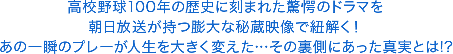 高校野球100年の歴史に刻まれた驚愕のドラマを朝日放送が持つ膨大な秘蔵映像で紐解く！あの一瞬のプレーが人生を大きく変えた…その裏側にあった真実とは!?