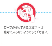 ロープの張ってある区域内へは絶対に入らないようにしてください。
