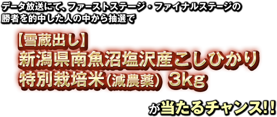 データ放送にて、ファーストステージ・ファイナルステージの勝者を的中した人の中から抽選で【雪蔵出し】新潟県南魚沼塩沢産こしひかり特別栽培米（減農薬）3kgが当たるチャンス！！