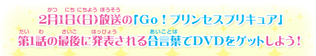 2月1日（日）放送の「Ｇｏ！プリンセスプリキュア」第1話の最後に発表される合言葉でDVDをゲットしよう！