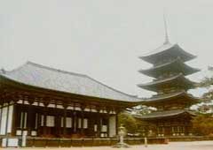 左・東金堂（国宝)と右・五重塔（国宝）