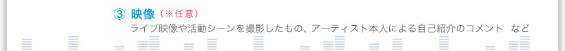 （３）映像（※任意）ライブ映像や活動シーンを撮影したもの、アーティスト本人による自己紹介のコメント  など